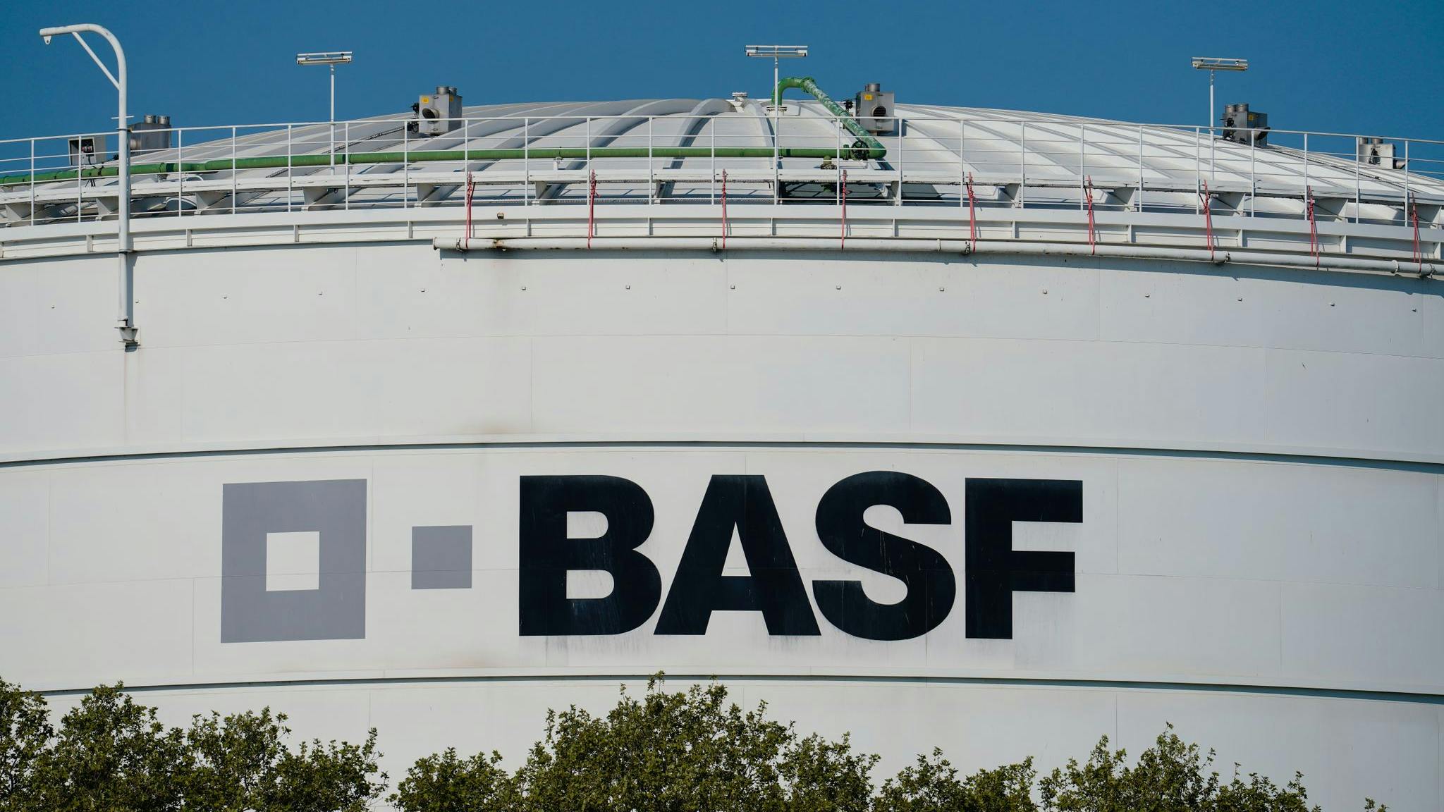 A logo of the chemical company BASF is seen on a large storage container at the main plant in Ludwigshafen.
