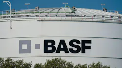 A logo of the chemical company BASF is seen on a large storage container at the main plant in Ludwigshafen.